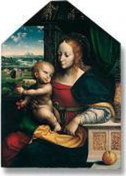 ``the Madonna Of The Cherries':
The Madonna And Child Seated At A Window, The Christ Child Holding
Bunches Of Cherries, An Apple In The Foreground, With An Extensive
Landscape Beyond Illustrating The Miracle Of The Corn by Joos Van Cleve