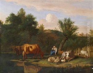 A Landscape With A Shepherd And Ashepherdess And Their Flock At Dusk