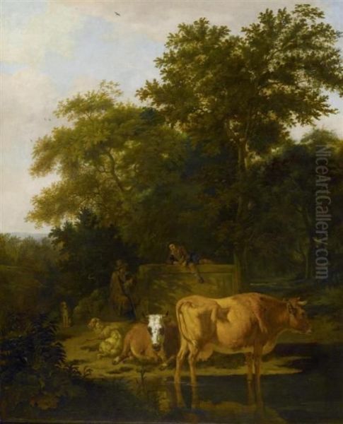 Herdsmen And Cows At The River In A Wooded Landscape. - view 1