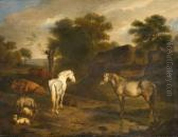 Chevaux Et Vaches Devant Une Ferme - view 1