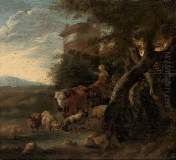 A Wooded Landscape With Cattle Watering And Figures At Rest, A Town Beyond - view 1