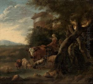 A Wooded Landscape With Cattle Watering And Figures At Rest, A Town Beyond by Adrian Van De Velde