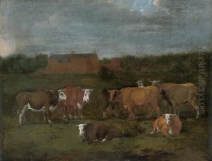 Cattle In A Landscape, A Country House Beyond by Adrian Van De Velde