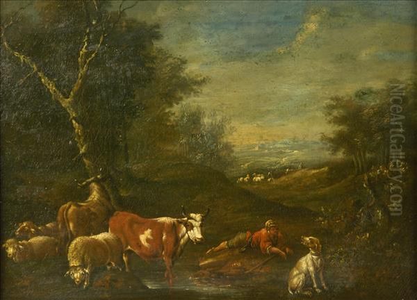 Cattle And Sheep By A Stream With Drover And Dog In A Summer Landscape - view 1