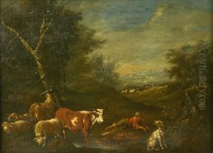 Cattle And Sheep By A Stream With Drover And Dog In A Summer Landscape by Adrian Van De Velde