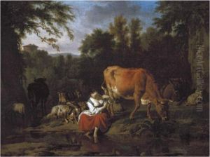 An Italianate Landscape With A
Herding Girl Seated By A Stream Withcattle, Sheep And Goats Behind Her by Adrian Van De Velde
