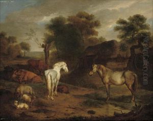 An Extensive Landscape With Horses And Cattle Grazing By Acottage by Adrian Van De Velde