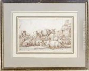 Cows And A Shepherd In A Landscape, A Tower On A Rocky Hill In Thedistance by Adrian Van De Velde