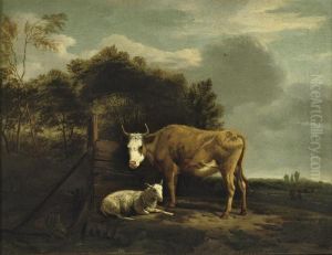 A Cow And A Sheep In A Wooded Landscape With Peasants In Thedistance A Cow And A Sheep In A Wooded Landscape With Peasants In Thedistance