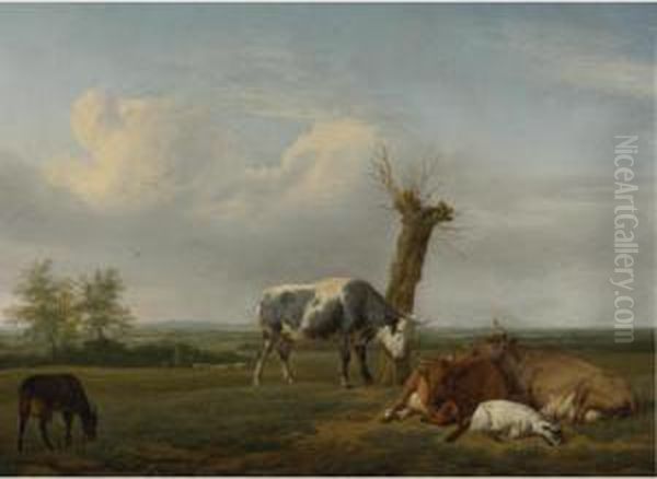 Cattle And Goats By A Pollarded Tree In A Meadow, Shepherd Boys Approaching Beyond - view 1