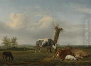 Cattle And Goats By A Pollarded Tree In A Meadow, Shepherd Boys Approaching Beyond by Adrian Van De Velde