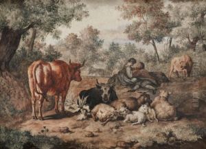 Pastoralt Landskap Med Kreatur Och Herde by Adrian Van De Velde