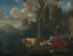 Italianiserend Landschap Met Herderin En Kudde Bij Een Ru ne by Adrian Van De Velde