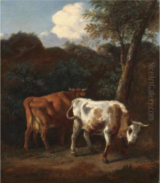 Two Cows Resting Under A Tree In A Landscape - view 1