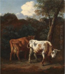 Two Cows Resting Under A Tree In A Landscape Two Cows Resting Under A Tree In A Landscape