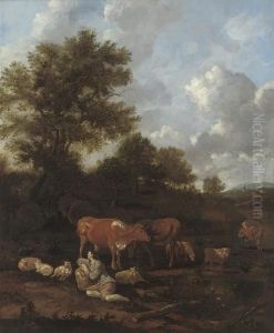 A Wooded Landscape With Drovers And Their Cattle by Adrian Van De Velde