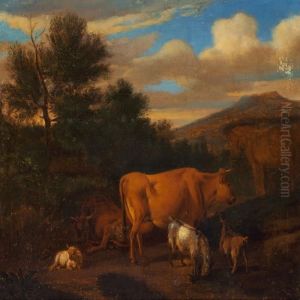 Cows, Goats And A Horse In A Landscape by Adrian Van De Velde
