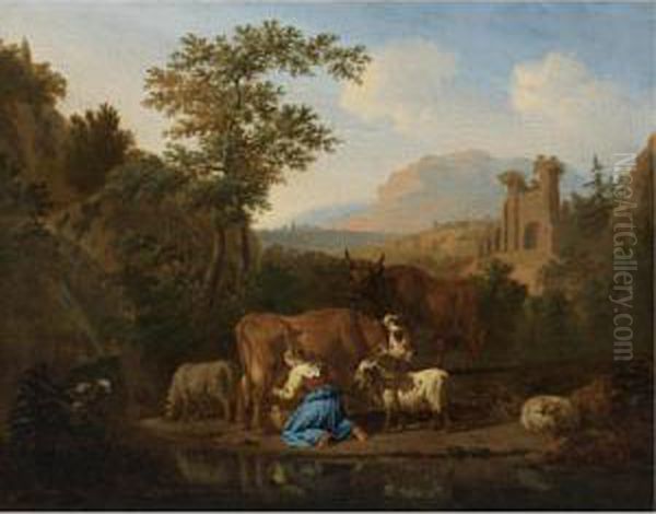 An Arcadian Mountainous 
Landscape With A Milkmaid At The Edge Of A Stream Milking A Brown Cow, 
Sheep And Goats Grazing Nearby - view 1
