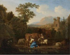 An Arcadian Mountainous 
Landscape With A Milkmaid At The Edge Of A Stream Milking A Brown Cow, 
Sheep And Goats Grazing Nearby