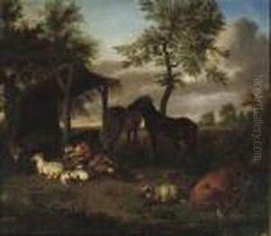 A Herdsman Sleeping Outside A Shed Among His Herd In A Wooded Landscape