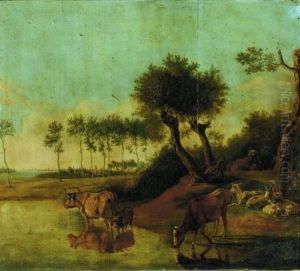 Goats And Cattle On A River Bank