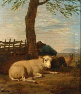 A Shepherd Sleeping Against A Tree With His Flock Of Sheep
