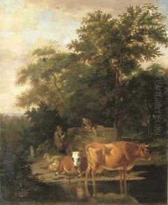 A Wooded Landscape With Herdsmen Resting And Cows Watering By A River by Adrian Van De Velde