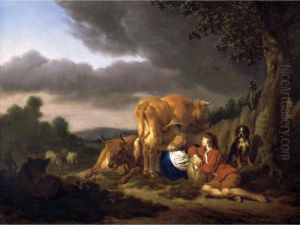 A Dairy-maid Milking A Cow At The Foot Of A Tree, A Boy And A Spaniel Looking On