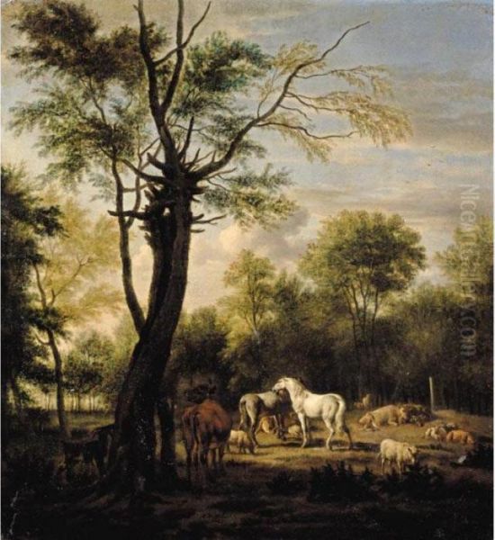 Two Horses, Cows, Sheep And Goats In A Woodland Clearing - view 1