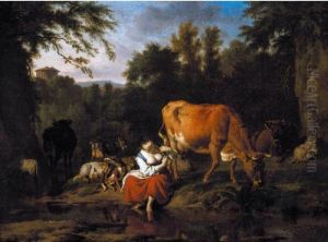 A Classical Landscape With A
Herding Girl Seated By A Stream With Cattle, Sheep And Goats Behind Her A Classical Landscape With A
Herding Girl Seated By A Stream With Cattle, Sheep And Goats Behind Her