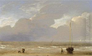 A Dutch Fishing Pink Hauled Up On The Shore On A Breezy Day