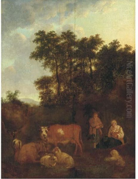 A Pastoral Landscape With A Shepherd At Rest With Cattle Andsheep - view 1