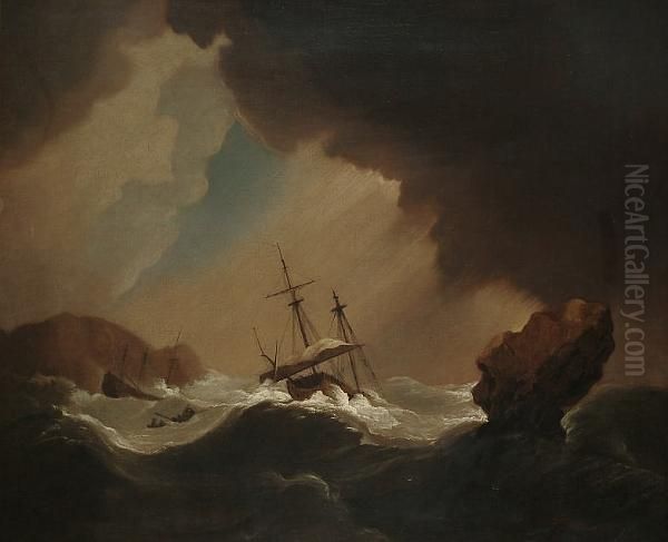 A Shipwreck And A Rowing Boat In A Squall Off A Rocky Coastline - view 1