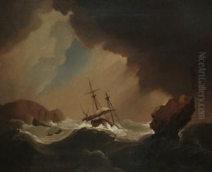 A Shipwreck And A Rowing Boat In A Squall Off A Rocky Coastline