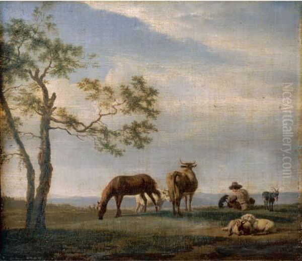 An Extensive Landscape With A Herdsman With Cattle, Goats And Ahorse - view 1