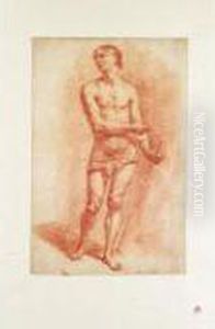Study Of A Standing Male Nude Holding A Staff by Adrian Van De Velde
