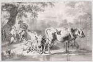 A Shepherd Couple And Their Animals Resting Under A Tree By A Pond by Adrian Van De Velde
