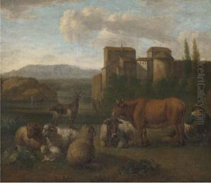 A Landscape With A Shepherd And His Flock Near A Town by Adrian Van De Velde