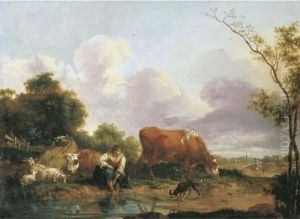 An Open Landscape With A Shepherdess Washing Her Feet By Abrook