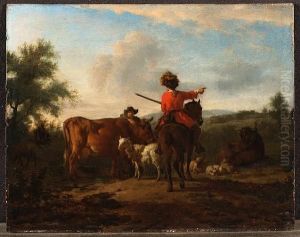 A Horseman Asking Directions Of A
 Shepherd, Leaning On A Cow And Surrounded By Cattle And Sheep