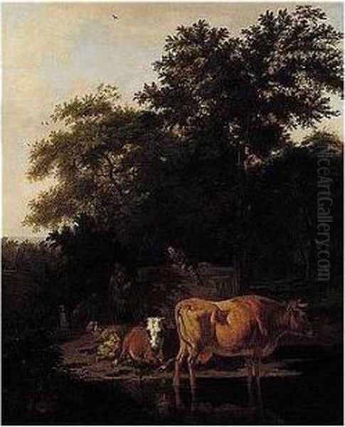 A Landscape With Two Shepherds, Cattle And Sheep Resting By A Stream by Adrian Van De Velde