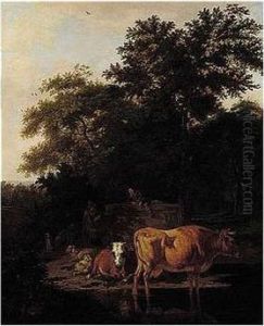 A Landscape With Two Shepherds, Cattle And Sheep Resting By A Stream by Adrian Van De Velde