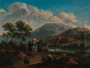 An Extensive River Landscape With Drovers On A Path