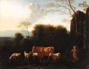 A Shepherd And Livestock Fording A Stream by Adrian Van De Velde