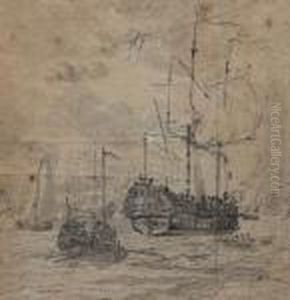 Dutch Fleet At Sea With Officers Disembarking In A Barge by Willem van de, the Elder Velde