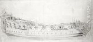 Study Of A Warship, With Figures On The Deck
