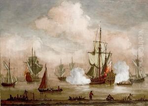 A Man O' War Firing A Salute Amongst Other Vessels In A Calm