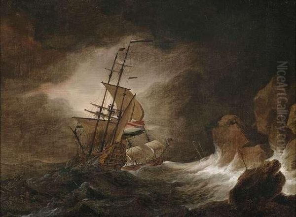 Two Three-master In Rough Sea At A Rocky Coast. - view 1