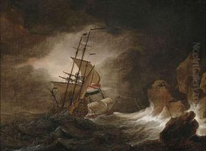 Two Three-master In Rough Sea At A Rocky Coast. by Willem van de, the Elder Velde