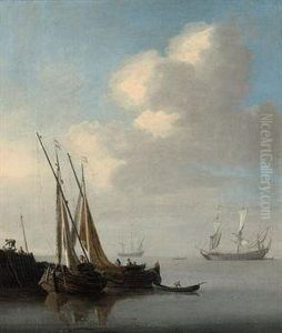 Two Men-o'war Lying Offshore With Fishermen Sorting Their Catch In The Foreground